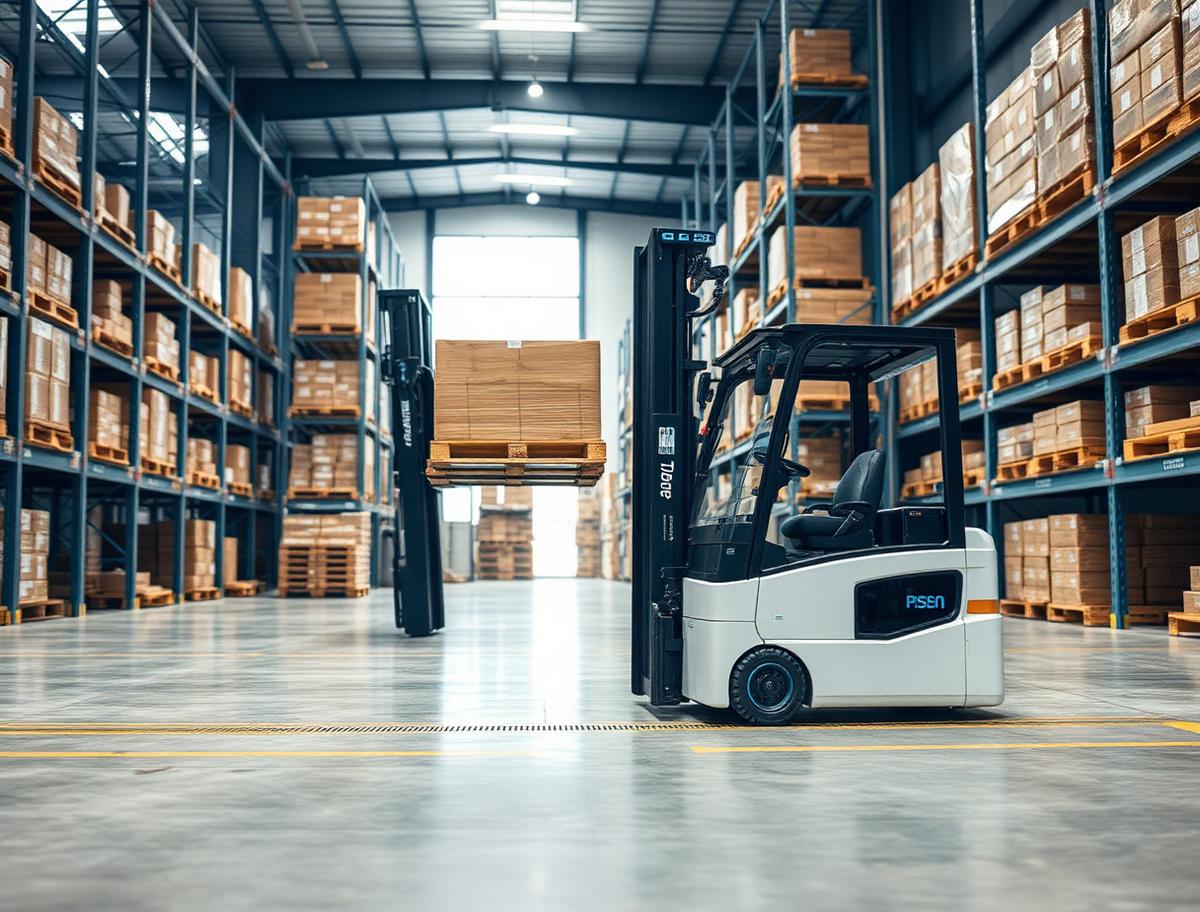 Autonomous forklift moving a pallet through warehouse racking