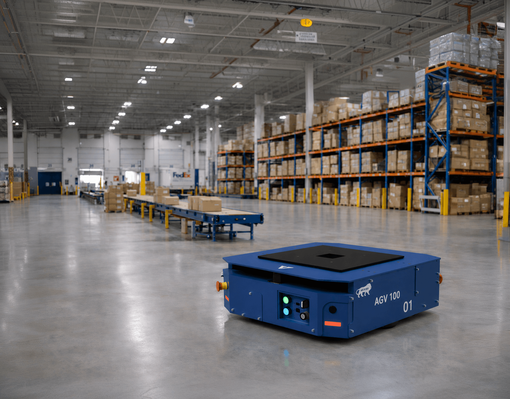 AGV 100 compact automated guided vehicle in a warehouse